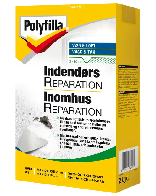 Polyfilla indendørs reparationspulver, 2 kg, til udfyldning af små revner og huller i vægge og lofter, hvid, egnet til søm og skruer, maksimal dybde 2 cm.