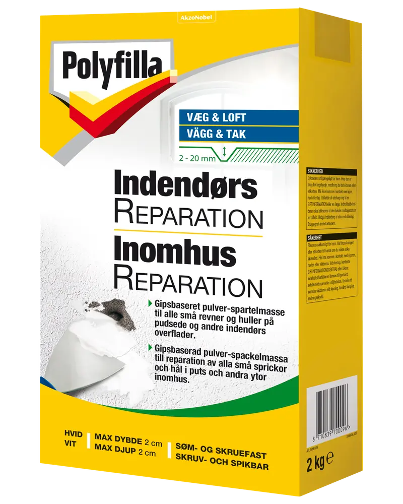 Polyfilla indendørs reparationspulver, 2 kg, til udfyldning af små revner og huller i vægge og lofter, hvid, egnet til søm og skruer, maksimal dybde 2 cm.