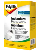 Polyfilla indendørs reparationspulver, 2 kg, til udfyldning af små revner og huller i vægge og lofter, hvid, egnet til søm og skruer, maksimal dybde 2 cm.