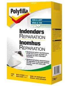 Polyfilla indendørs reparationspulver, 2 kg, til udfyldning af små revner og huller i vægge og lofter, hvid, egnet til søm og skruer, maksimal dybde 2 cm.