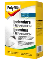 Polyfilla indendørs reparationspulver, 2 kg, til udfyldning af små revner og huller i vægge og lofter, hvid, egnet til søm og skruer, maksimal dybde 2 cm.