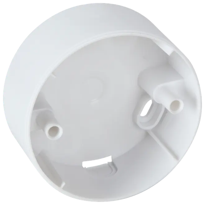 Rund hvid plastisk dåse til elinstallation, beregnet til påbygning. Har indvendige monteringspunkter og kabelindgange. Velegnet til montering af kontakter eller stikkontakter.
