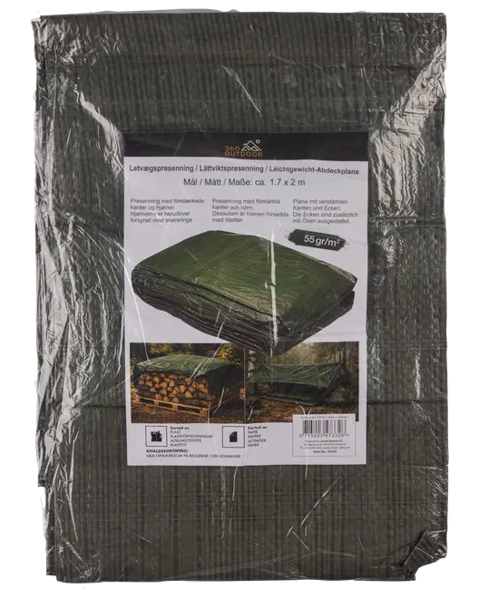 Förpackad grön lätt presenning, ca 1,7 x 2 m, med förstärkta kanter och öljetter, visad med produktetikett och 55 g/m².