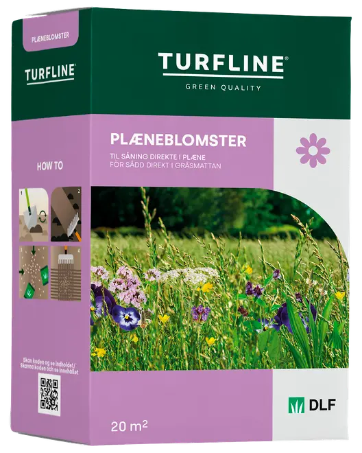 Æske med Turfline plæneblomsterfrø til direkte såning i plænen, dækker 20 m². Indeholder farverige vilde blomster, såvejledning og DLF-logo på grøn og lilla emballage.