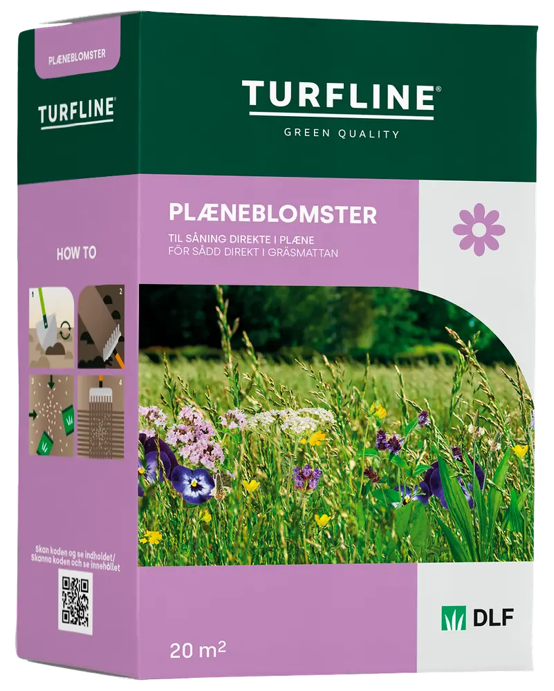 Æske med Turfline plæneblomsterfrø til direkte såning i plænen, dækker 20 m². Indeholder farverige vilde blomster, såvejledning og DLF-logo på grøn og lilla emballage.
