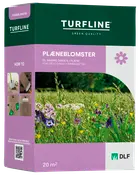 Förpackning med Turfline gräsblomsfrön för direkt sådd i gräsmattan, räcker till 20 m². Innehåller färgglada ängsblommor, såanvisning och DLF-logotyp på grön-lila kartong.