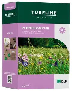 Æske med Turfline plæneblomsterfrø til direkte såning i plænen, dækker 20 m². Indeholder farverige vilde blomster, såvejledning og DLF-logo på grøn og lilla emballage.