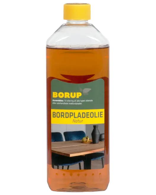 En-liters flaske Borup bordpladeolie natur med gul låg, klar ravfarvet væske og etiket med træbord. Velegnet til oliebehandling af ubehandlede eller olierede træbordplader.