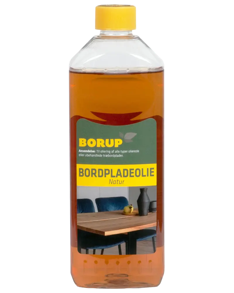 En-liters flaske Borup bordpladeolie natur med gul låg, klar ravfarvet væske og etiket med træbord. Velegnet til oliebehandling af ubehandlede eller olierede træbordplader.