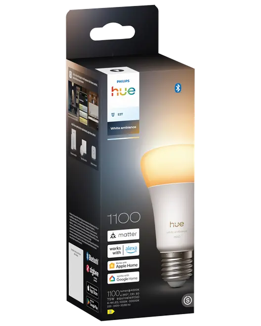 Philips Hue white ambiance E27 smart LED-pære, 1100 lumen, kompatibel med Alexa, Apple Home, Google Home, Bluetooth, Zigbee og Matter. Justerbart hvidt lys, energibesparende.