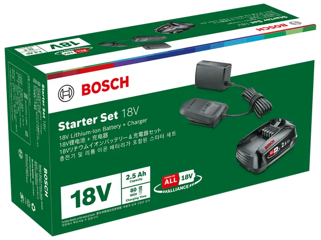 Bosch Starter Sæt 18V med 18V lithium-ion batteri (2,5 Ah) og oplader. Passer til alle 18V Bosch værktøjer. Opladningstid: 80 minutter. Grøn emballage.