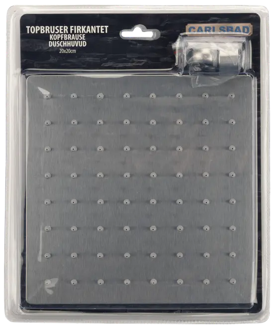 Firkantet brusehoved i rustfrit stål, 20x20 cm, med mange jævnt fordelte dyser for regneffekt. Inkluderer tilslutningsbeslag, pakket i klar plast.