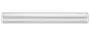 Lang hvid cylindrisk lysarmatur med glat, gennemsigtig diffuser og sølvfarvede endekapper.