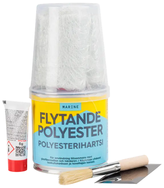 Marine flydende polyester reparationssæt med polyesterharpiks, hærder, glasfibermåtte og pensel. Velegnet til reparation af både og andre overflader.