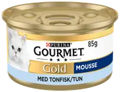 Purina Gourmet Gold Mousse kattmat, 85g burk, tonfisksmak. Guld- och blå etikett med vit katt. Enkel öppning, för vuxna katter.