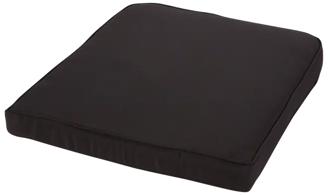Sort, firkantet sædehynde med glat stofbetræk og medium tykkelse. Velegnet til stole eller bænke, giver komfort og støtte, kan bruges både inde og ude.