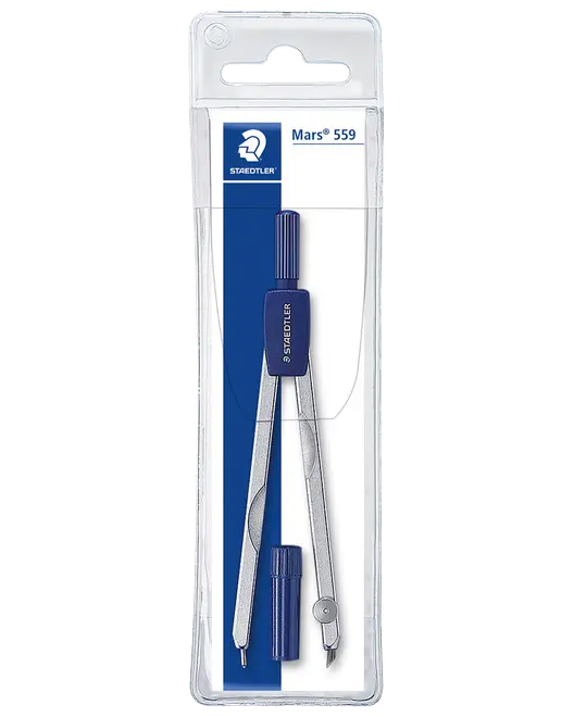 Staedtler Mars 559 metal passer i gennemsigtig plastetui, inkluderer ekstra blybeholder. Har blåt greb og justeringshjul til præcis tegning af cirkler og buer.