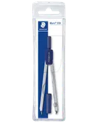 Staedtler Mars 559 metal passer i gennemsigtig plastetui, inkluderer ekstra blybeholder. Har blåt greb og justeringshjul til præcis tegning af cirkler og buer.