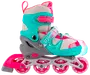 Justerbar rulleskøjte til børn med fire pink hjul, turkis og pink detaljer, åndbart mesh, sikre stropper og robust plaststel for støtte og komfort.