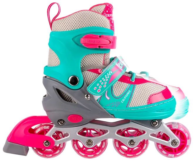 Justerbar rulleskøjte til børn med fire pink hjul, turkis og pink detaljer, åndbart mesh, sikre stropper og robust plaststel for støtte og komfort.