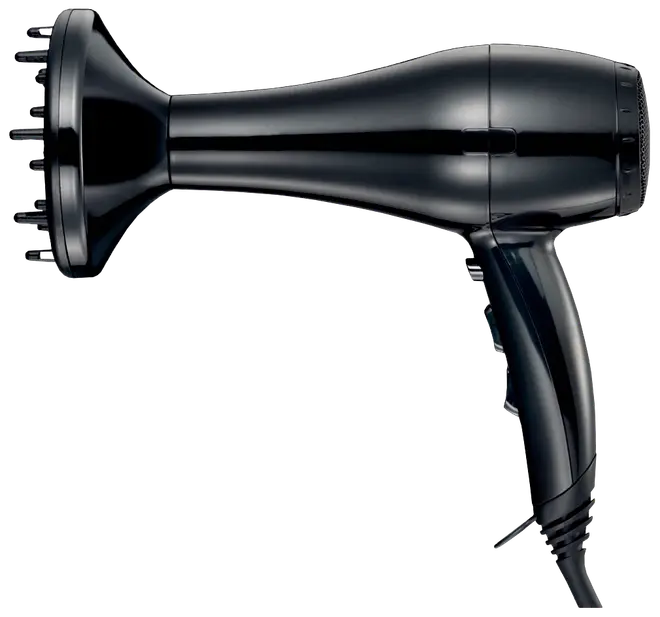 Sort hårtørrer med ergonomisk håndtag og diffuser, designet til jævn luftstrøm og skånsom tørring. Elegant, moderne design til forskellige hårtyper og stylingbehov.