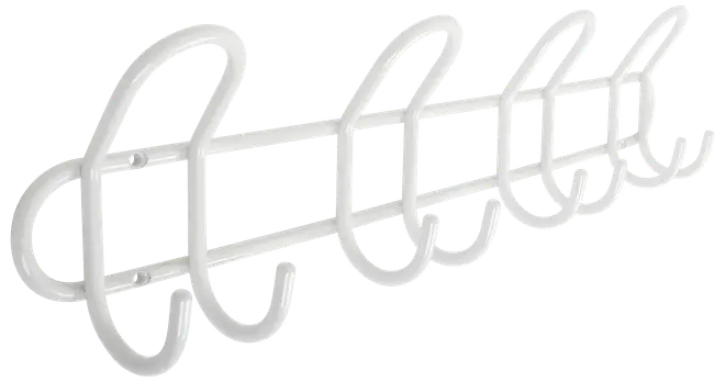 Vit väggmonterad metallhängare med fem böjda krokar, perfekt för jackor, hattar eller väskor. Modern, minimalistisk design för hem eller kontor.