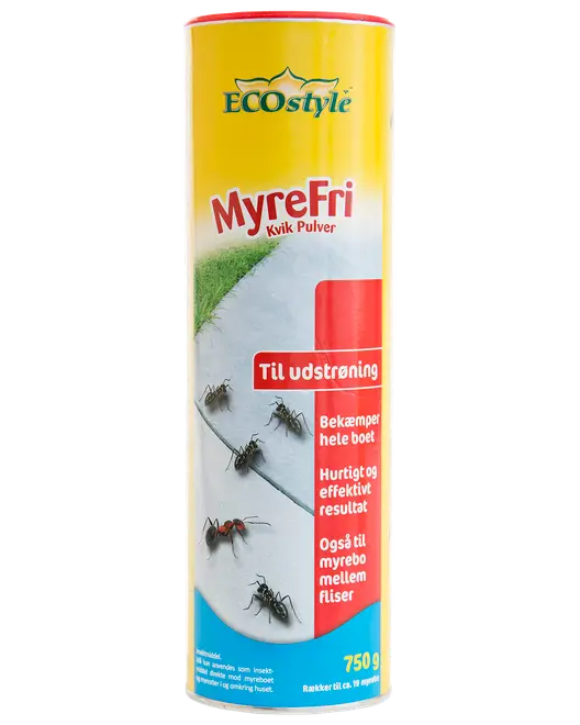 Gul og rød cylindrisk beholder med ECOstyle MyreFri myrepulver, 750g, til bekæmpelse af myrer. Forsiden viser myrer og produktinformation på dansk.