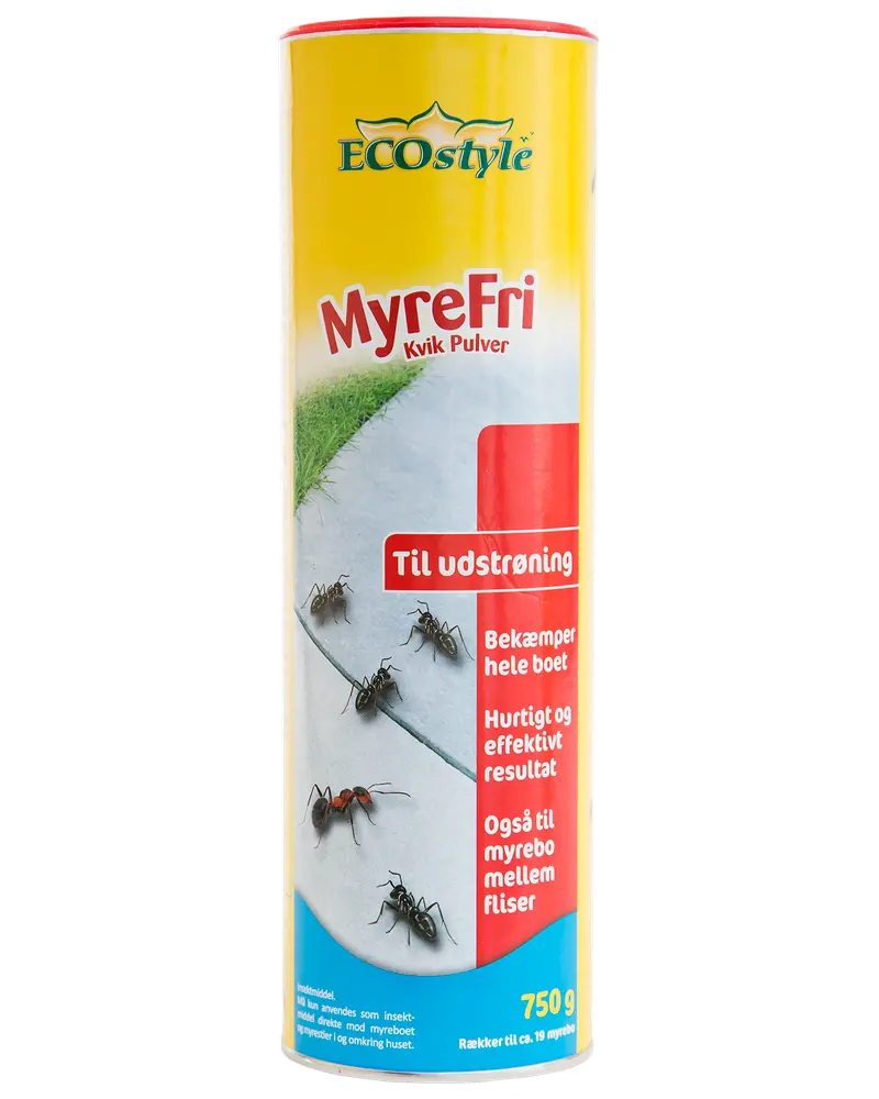 Gul og rød cylindrisk beholder med ECOstyle MyreFri myrepulver, 750g, til bekæmpelse af myrer. Forsiden viser myrer og produktinformation på dansk.