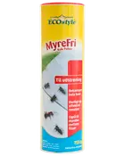 Gul og rød cylindrisk beholder med ECOstyle MyreFri myrepulver, 750g, til bekæmpelse af myrer. Forsiden viser myrer og produktinformation på dansk.