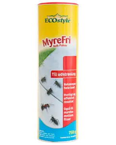 Gul og rød cylindrisk beholder med ECOstyle MyreFri myrepulver, 750g, til bekæmpelse af myrer. Forsiden viser myrer og produktinformation på dansk.