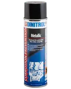 Dinitrol Metallic korrosionsbeskyttelsesspray, 500 ml spraydåse, til bilens undervogn. Brun, hård, voksagtig film. Sort låg, blå og sort etiket med produktinformation.