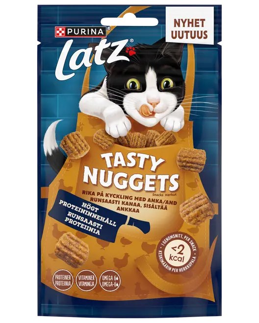 Purina Latz Tasty Nuggets kattgodis, kyckling- och anksmak, högt proteininnehåll, vitaminer, omega 6, krispig konsistens, under 2 kcal per bit, återförslutningsbar 50g påse.