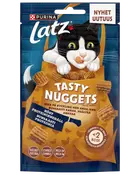 Purina Latz Tasty Nuggets kattgodis, kyckling- och anksmak, högt proteininnehåll, vitaminer, omega 6, krispig konsistens, under 2 kcal per bit, återförslutningsbar 50g påse.