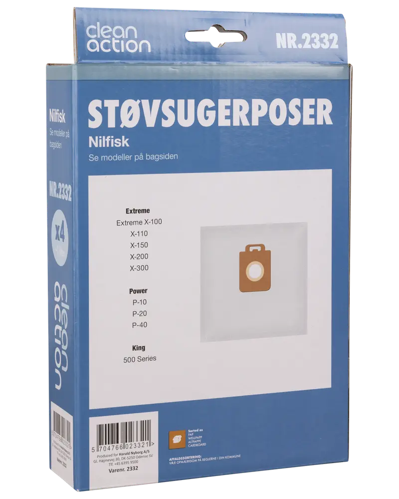 Pakke med 4 Nilfisk støvsugerposer, kompatible med Extreme, Power og King 500 Series modeller. Blå emballage med produktbillede og modeloversigt på forsiden.