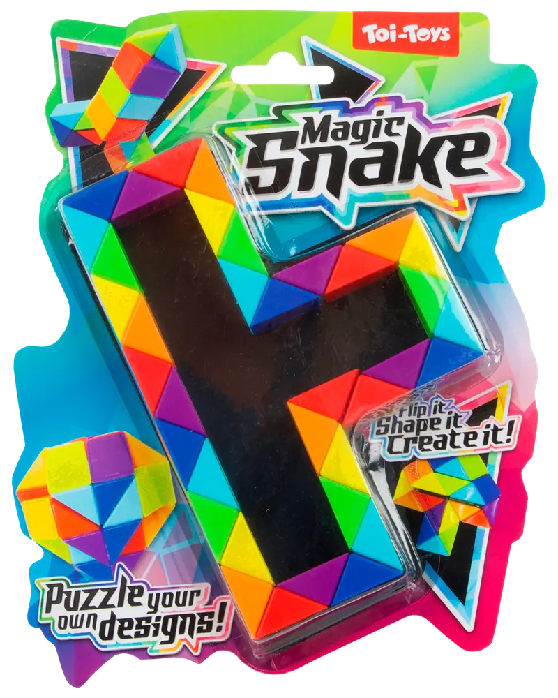 Farverigt Magic Snake-puslespil med trekantede segmenter, der kan formes til forskellige figurer. Leveres i en livlig emballage med geometriske mønstre og legende design.