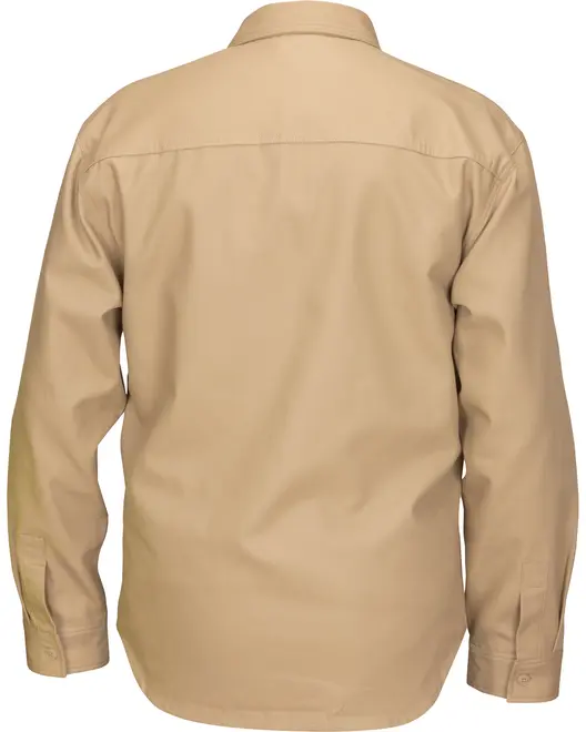 Herreskjorte med lange ærmer i khaki, vist fra ryggen. Har manchetter med knapper, lige bærestykke og klassisk krave. Glat, ensfarvet stof for et rent udtryk.