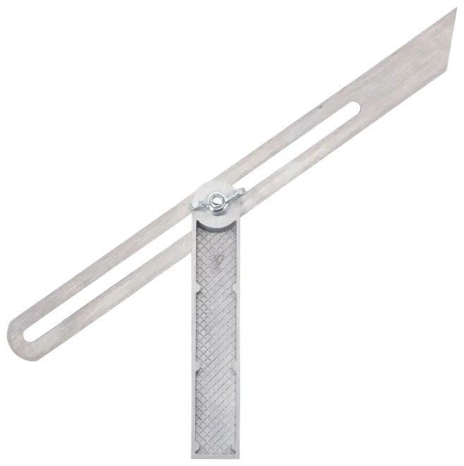 Justerbar vinkelmätare i metall med två armar och låsskruv, används för att mäta och överföra vinklar vid trä-, snickeri- eller metallarbete. Hållbar och exakt.