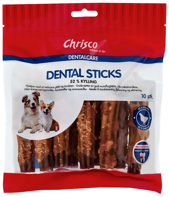 Pakke med 10 Chrisco Dental Sticks til hunde, lavet med 52% kylling. Fremmer mundhygiejne, fri for konserveringsmidler, farvestoffer og aromastoffer. Ideel til tandrensning og belønning.