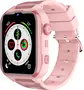Pink smartwatch med rektangulær touchskærm, silikone rem, sideknapper og fitness tracking display. Indeholder hjerte, aktivitetsringe, opkald og ur ikoner. Justerbar metalspænde.