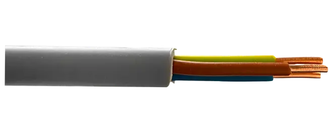 Gråkappet elkabel med blotlagte gul/grønne, brune og blå isolerede ledere samt kobbertråde i enden.