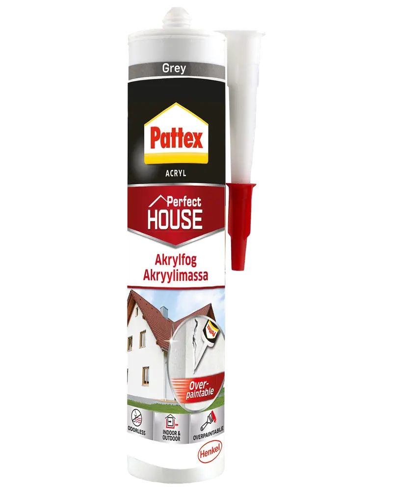 Pattex Perfect House akrylfugemasse, grå, 300ml patron. Til indendørs og udendørs brug, lugtfri, overmalbar. Anvendes til fugning af samlinger og revner i bygninger.