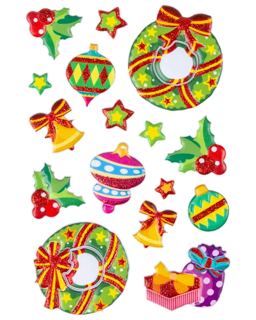 Ark med färgglada julklistermärken, inklusive kransar, kulor, stjärnor, järnek, klockor, rosetter och presentask, alla med glittriga detaljer och festliga motiv.
