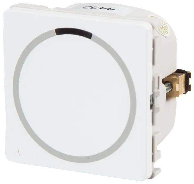 Hvid kvadratisk lysdæmper med cirkulært touch-område og lille sort indikator øverst, beregnet til vægmontering i moderne elinstallationer.