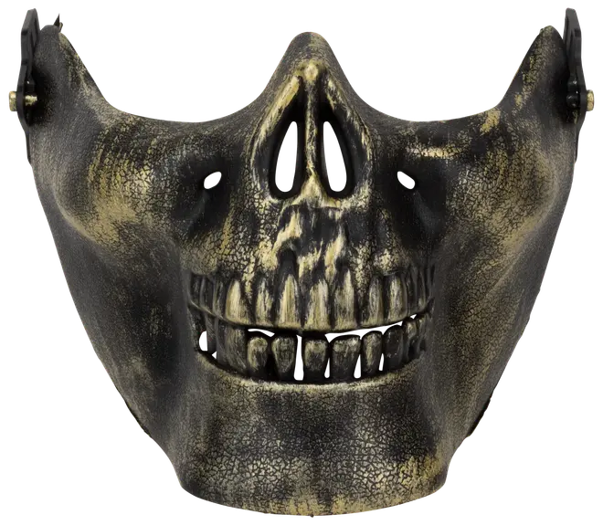Halvmask utformad som en sprucken dödskalle med detaljerade tänder och näshåla, målad i svart och benfärg. Justerbara remmar på sidorna. Perfekt för maskerader.
