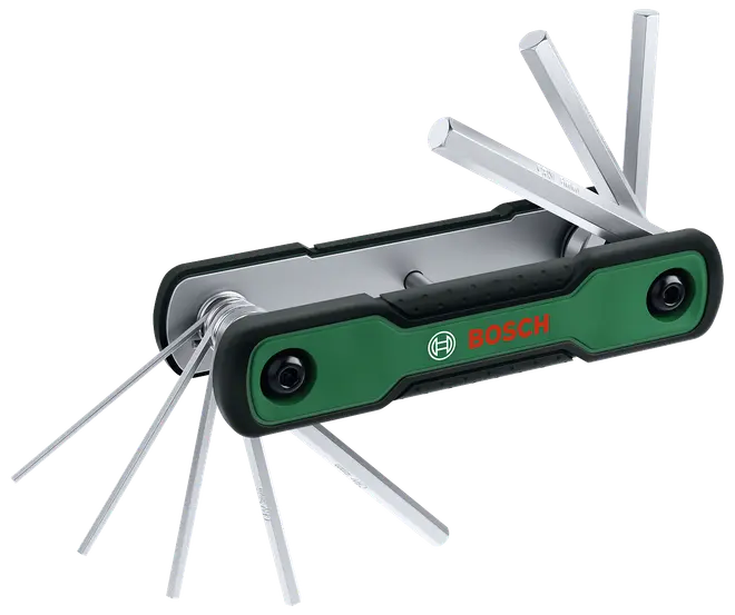 Bosch multiværktøj med grøn og sort håndtag, flere udklappelige unbrakonøgler i forskellige størrelser. Kompakt, robust design til alsidige reparationer og samlingsopgaver.