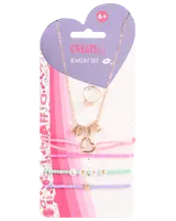 Smykkesæt med guldfarvet LOVE-halskæde, ring og tre farverige perlearmbånd med hjerte- og bogstavdetaljer. Velegnet til børn fra 6 år.