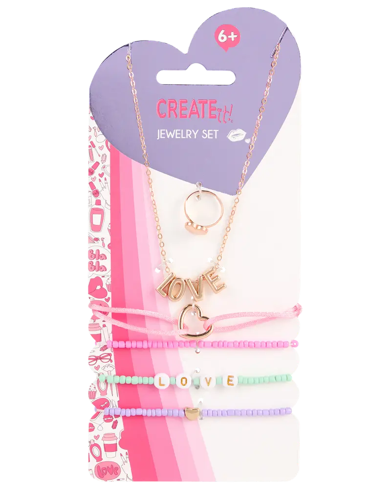 Smykkesæt med guldfarvet LOVE-halskæde, ring og tre farverige perlearmbånd med hjerte- og bogstavdetaljer. Velegnet til børn fra 6 år.