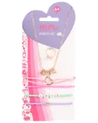 Smykkesæt med guldfarvet LOVE-halskæde, ring og tre farverige perlearmbånd med hjerte- og bogstavdetaljer. Velegnet til børn fra 6 år.