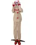 Livstor clowndekoration med beige dräkt, röda volanger och bollar. Inkluderar vita handskar, röda skor och stativ. Clownen håller ett avtagbart huvud, perfekt för Halloween.