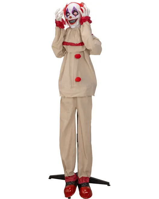 Livstor clowndekoration med beige dräkt, röda volanger och bollar. Inkluderar vita handskar, röda skor och stativ. Clownen håller ett avtagbart huvud, perfekt för Halloween.